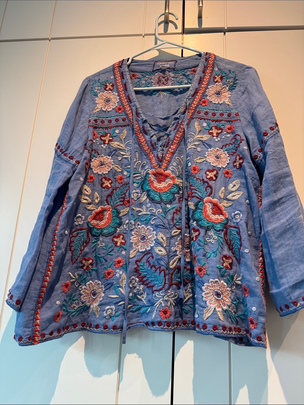Johnny Was Sky Blue Embroidered Top